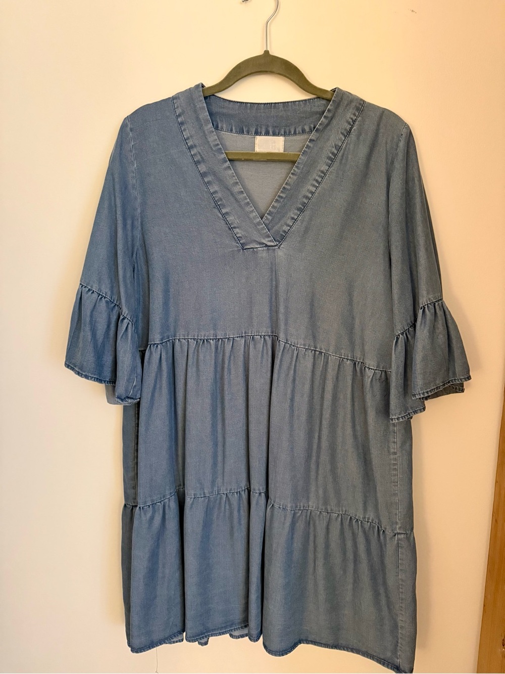 Light Blue Denim V-Neck Tiered Women's Dress